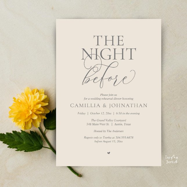 “The Night Before” Modern Wedding Rehearsal Dinner Inbjudningar (“The Night Before” Modern Classy Rehearsal Dinner Reception Invitation Card Cream Grey)