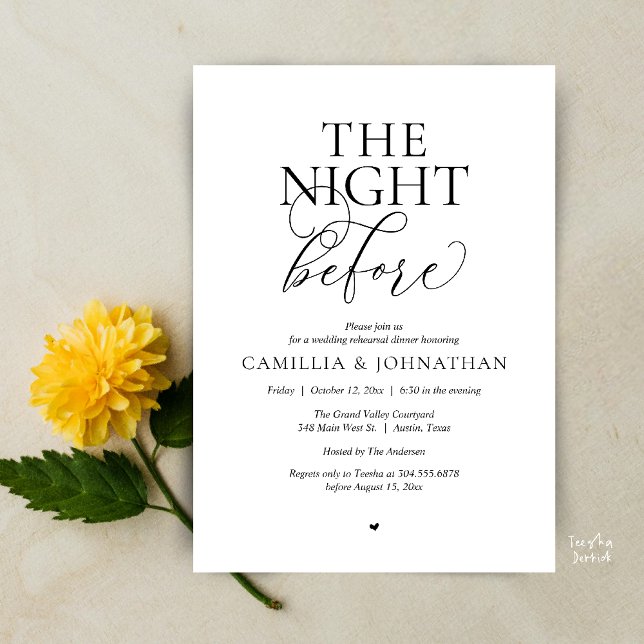 “The Night Before” Modern Wedding Rehearsal Dinner Inbjudningar (“The Night Before” Modern Classy Rehearsal Dinner Reception Invitation Card Black White)