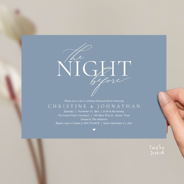 The Night Before, Modern Wedding Rehearsal Dinner  Inbjudningar (The Night Before, Modern Wedding Rehearsal Dinner Invitation Card in Dusty Blue)