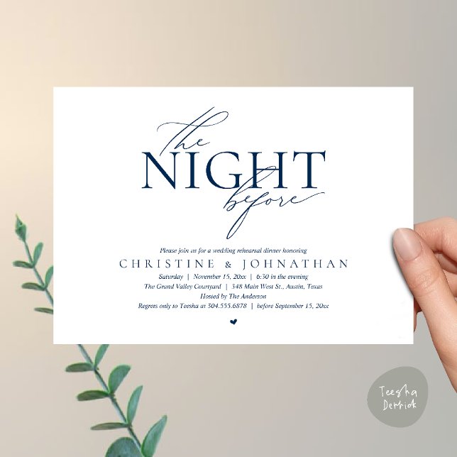 The Night Before, Modern Wedding Rehearsal Dinner  Inbjudningar (The Night Before, Modern Wedding Rehearsal Dinner Invitation Card in Navy Blue)