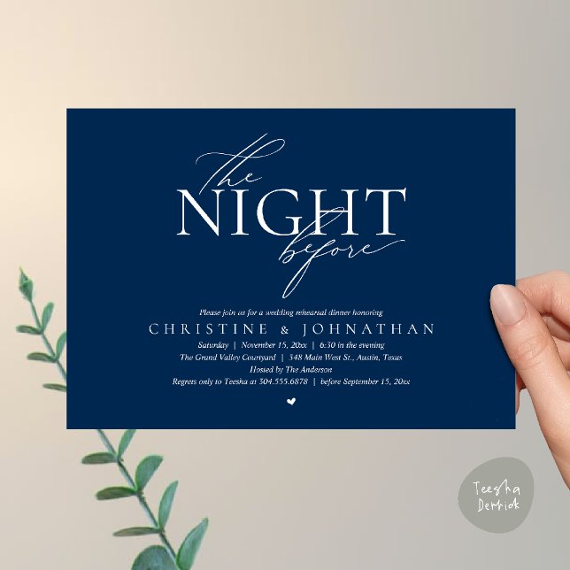 The Night Before, Modern Wedding Rehearsal Dinner  Inbjudningar (The Night Before, Modern Wedding Rehearsal Dinner Invitation Card in Navy Blue)