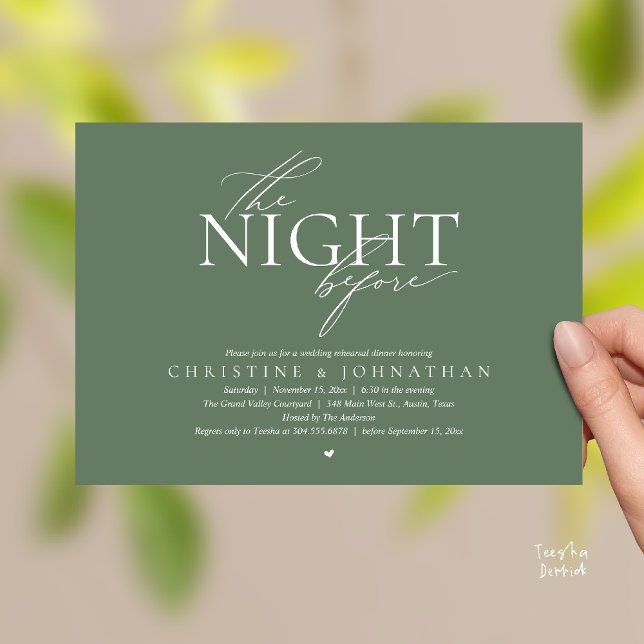 The Night Before, Modern Wedding Rehearsal Dinner  Inbjudningar (The Night Before, Modern Wedding Rehearsal Dinner Invitation Card in Sage Green)