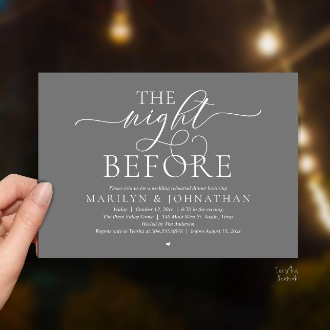 The Night Before, Modern Wedding Rehearsal Dinner Inbjudningar (The Night Before, Modern Romantic Classy Wedding Rehearsal Dinner Invitation Card in dark grey)
