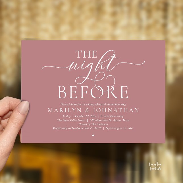 The Night Before, Modern Wedding Rehearsal Dinner Inbjudningar (The Night Before, Modern Romantic Classy Wedding Rehearsal Dinner Invitation Card in dusty rose pink)