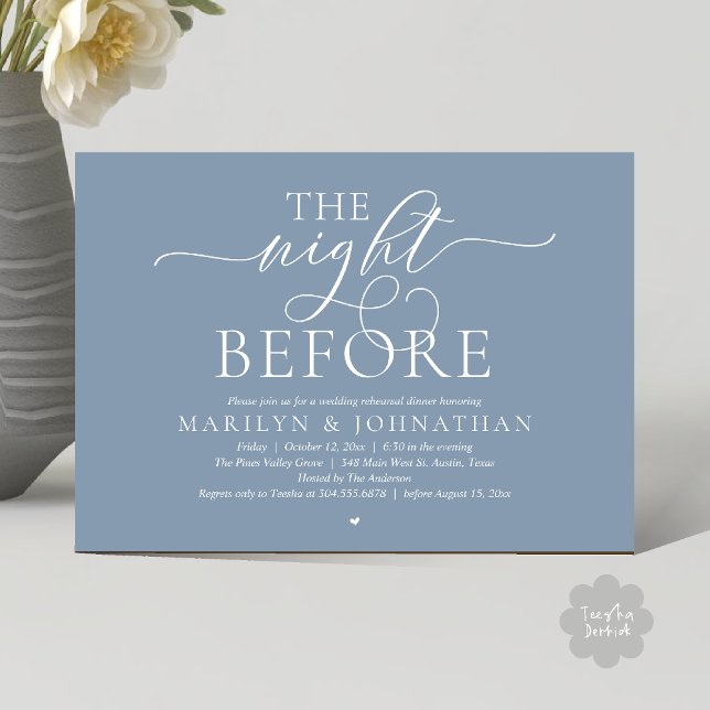 The Night Before, Modern Wedding Rehearsal Dinner Inbjudningar (The Night Before, Modern Romantic Classy Wedding Rehearsal Dinner Invitation Card in dusty blue)