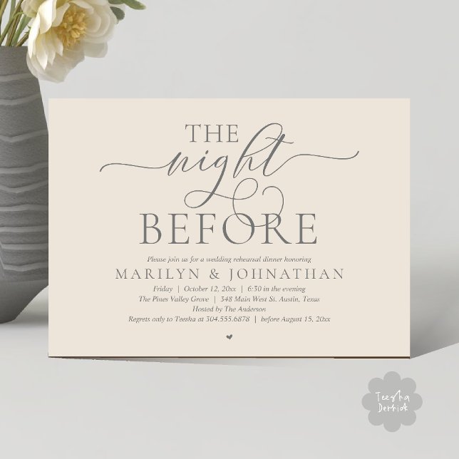The Night Before, Modern Wedding Rehearsal Dinner Inbjudningar (The Night Before, Modern Romantic Classy Wedding Rehearsal Dinner Invitation Card in cream grey)