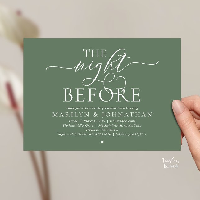 The Night Before, Modern Wedding Rehearsal Dinner Inbjudningar (The Night Before, Modern Romantic Classy Wedding Rehearsal Dinner Invitation Card in sage green)
