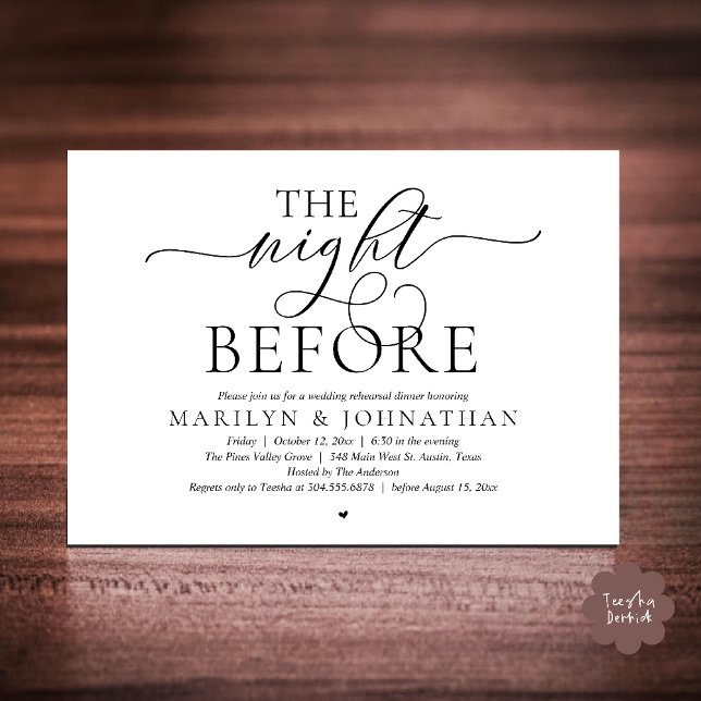 The Night Before, Modern Wedding Rehearsal Dinner Inbjudningar (The Night Before, Modern Romantic Classy Wedding Rehearsal Dinner Invitation Card in black and white)