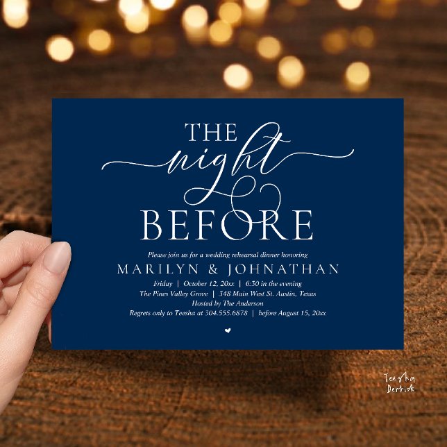 The Night Before, Modern Wedding Rehearsal Dinner Inbjudningar (The Night Before, Modern Romantic Classy Wedding Rehearsal Dinner Invitation Card in navy blue)