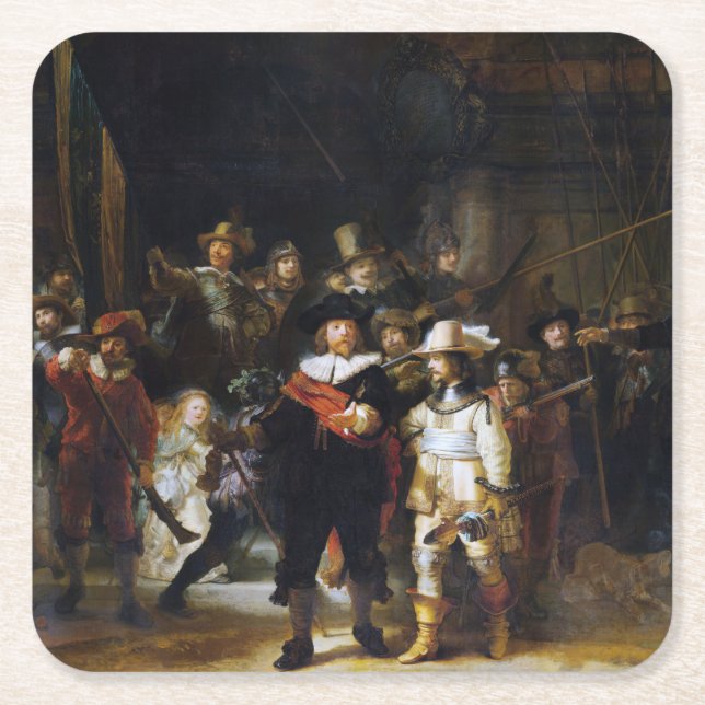 The Night Watch, Rembrandt, 1642 Underlägg Papper Kvadrat (Framsidan)