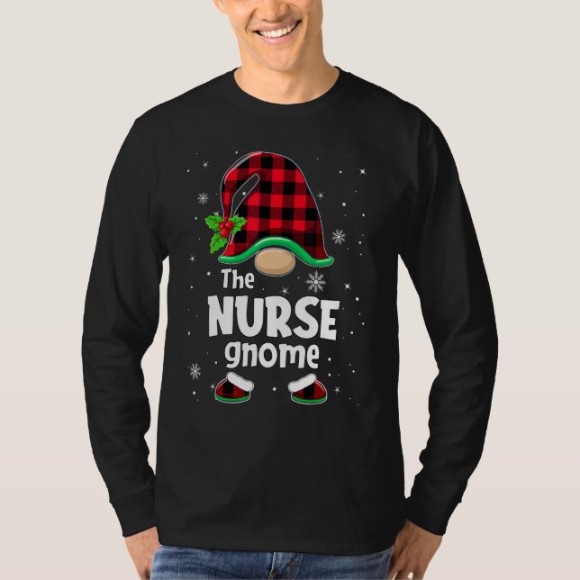 The Nurse Gnome Buffalo Plaid Christmas Matching F T Shirt (Framsida)