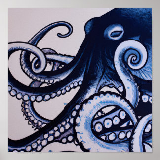 The Octopus Blue Modern Japanese Style Watercolor Poster