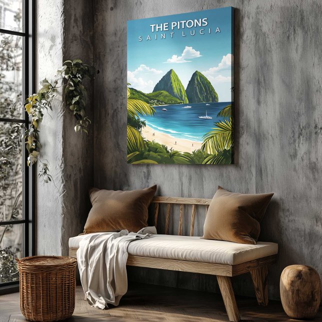 The Pitons St Lucia Resemålning Väggdekoration Canvastryck (The Pitons St Lucia Travel Canvas Wall Decor by TinkPrints.)