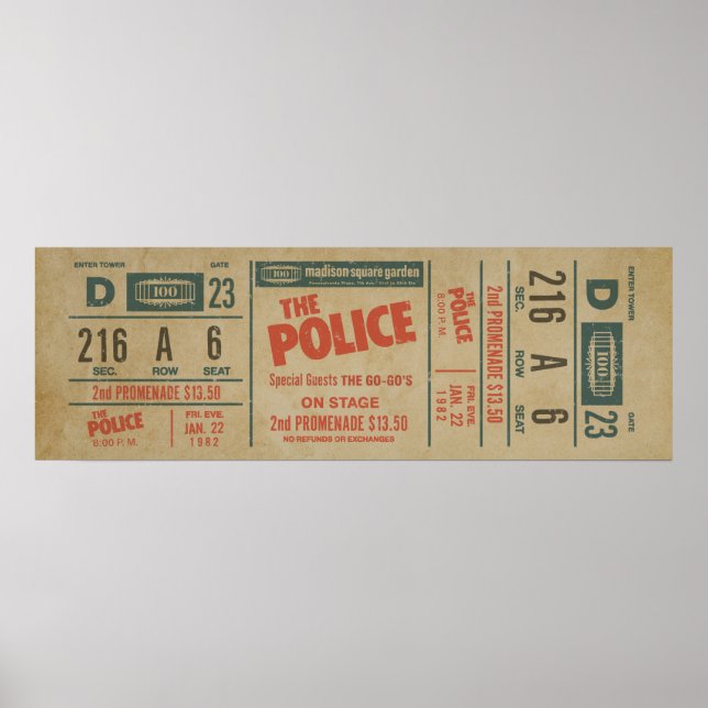 The Police konsertbiljett – Vintage Rock Väggkonst (Framsidan)