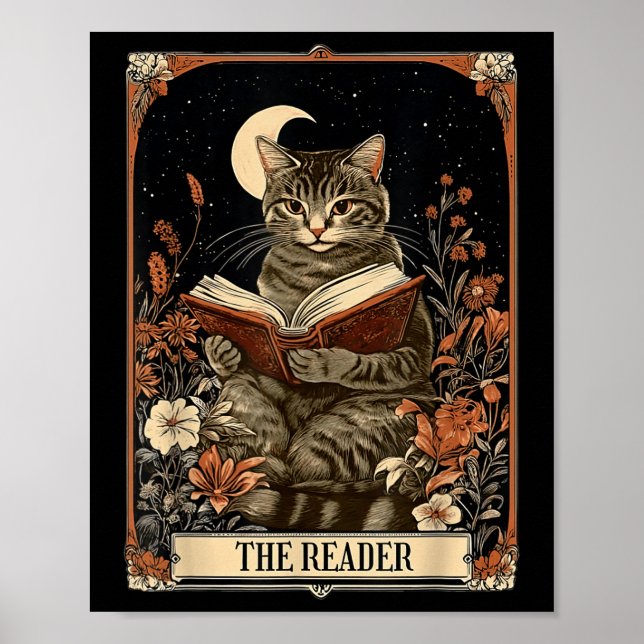 The Reader Tarotkort Katt Läsbok Blommig Måne Poster (Framsidan)