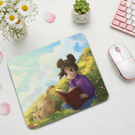 The Reading Girl and The Bored Cat Mouse Pad Musmatta