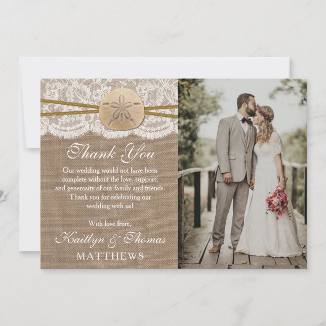 The Rustic Sand Dollar Beach Bröllops Kollektion Tack Kort (Framsida)