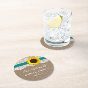 The Rustic Sunflower Wedding Collection - Teal Underlägg Papper Rund
