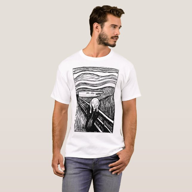 The Scream by Edvard Munch – Black Line Art  T Shirt (Hel framsida)