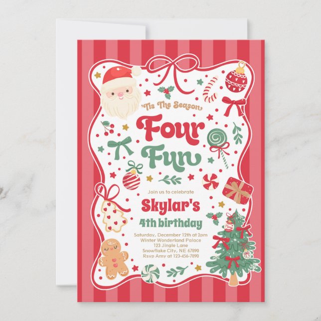 The Season Four Fun Christmas Bow 4th Birthday Inbjudningar (Framsida)