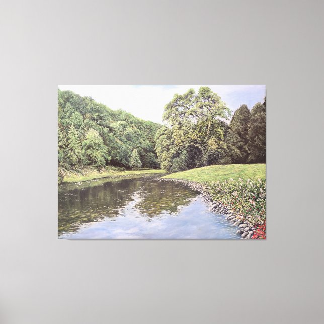 The Serene Waterway: Realistic River Landscape Oil Canvastryck (Framsida)