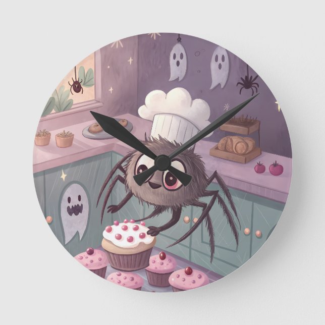 The Spider Baker | Kawaii Halloween-affisch Rund Klocka (Framsida)