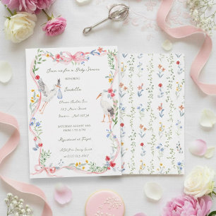 The Stork Heirloom Rose & Ribbon Baby Shower Inbjudningar
