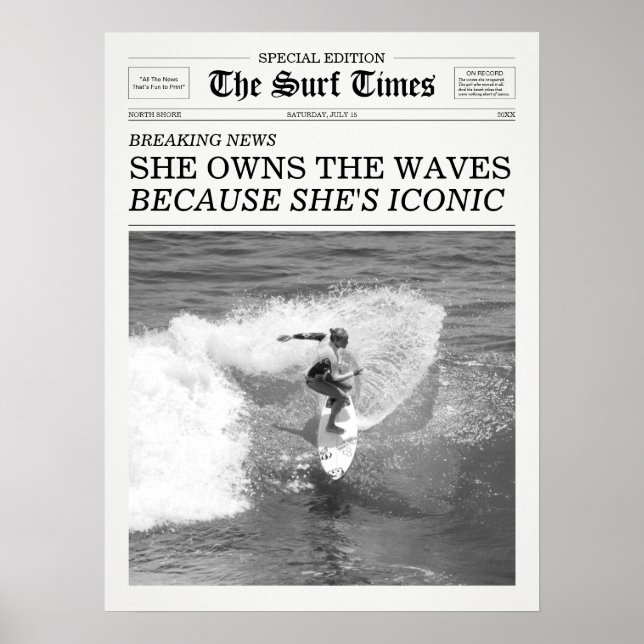 The Surf Times Newspaper She Owns The Waves Poster (Framsidan)