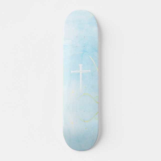 The Three Nails Cross Blue Marble Christian Mini Skateboard Bräda 18,5 Cm (Framsida)