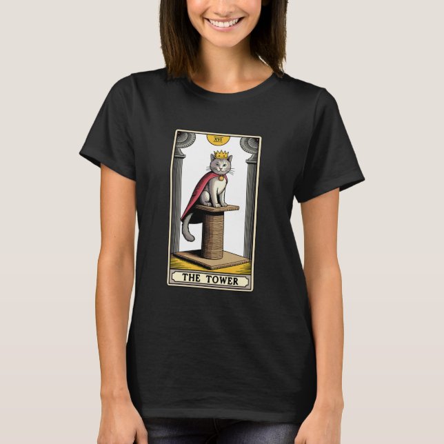The Tower Cat Tarot Card Kattrepål Träd  T Shirt (Framsida)