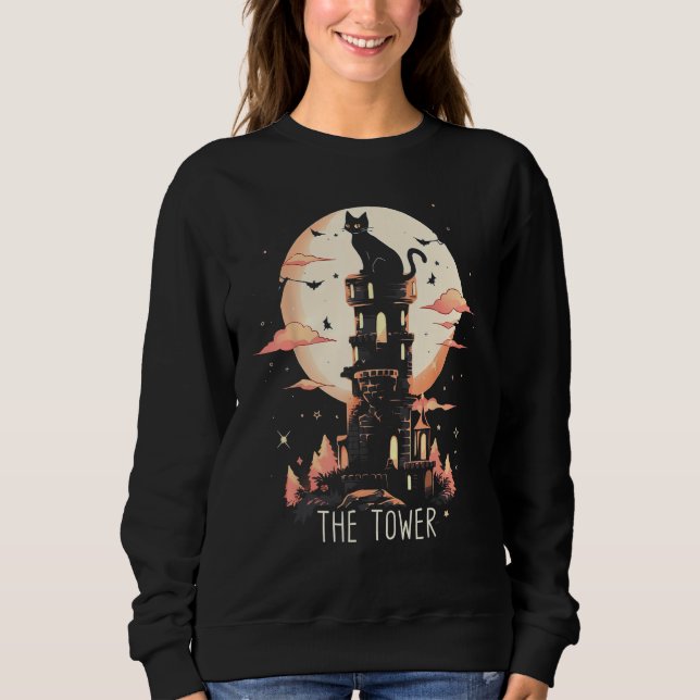 The Tower Cat Tarot Card Witch Witchy Wicca Gothic T Shirt (Framsida)
