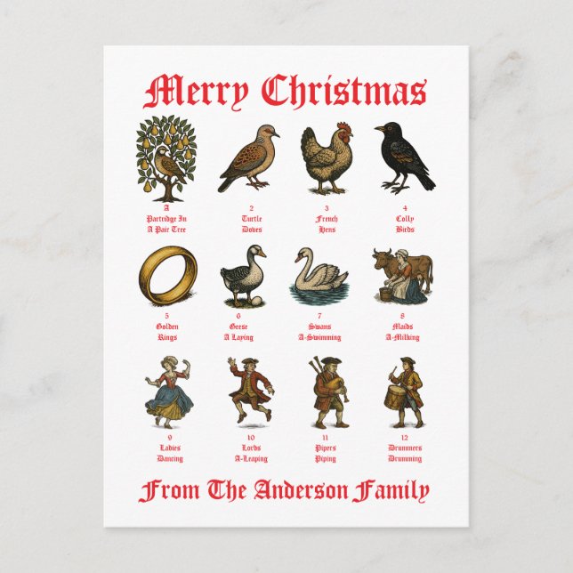 The Twelve Days Of Christmas Helg Vykort (Framsida)