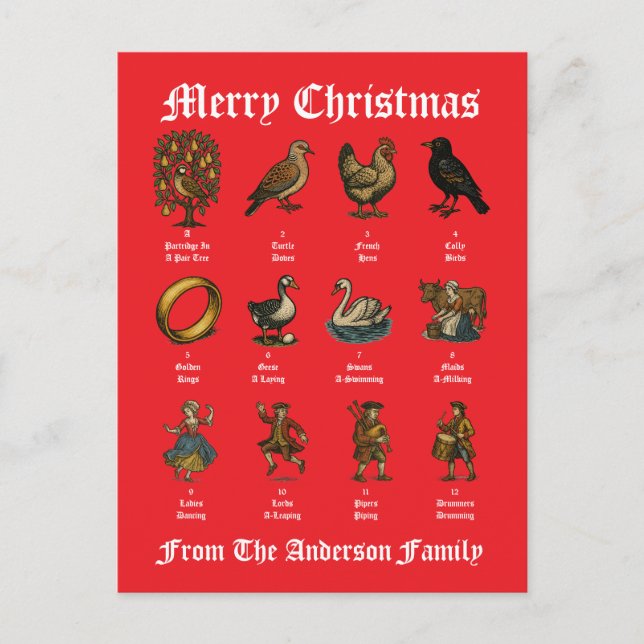 The Twelve Days Of Christmas Helg Vykort (Framsida)