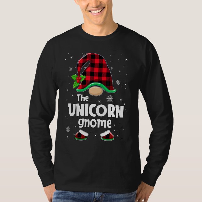 The Unicorn Gnome Buffalo Plaid Christmas Matching T Shirt (Framsida)