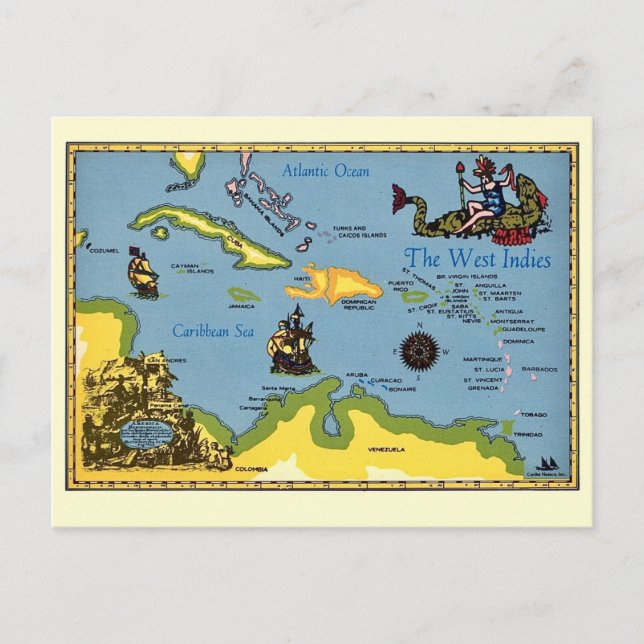 The West Indies Map Postcard Vykort (Framsida)