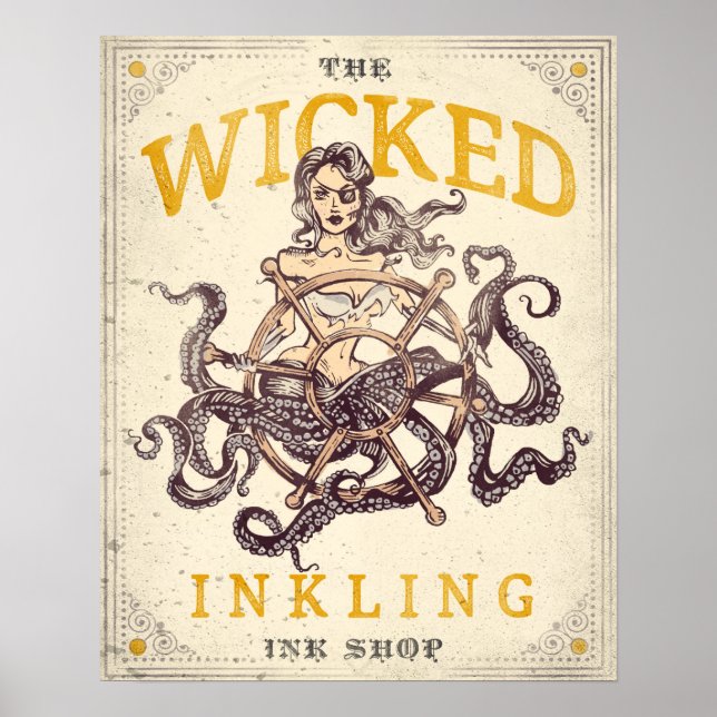 "The Wicked Inkling Tatto Shop" Nautical Octopus Poster (Framsidan)