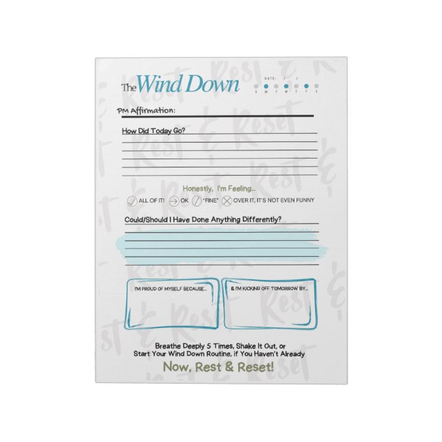 The WIND DOWN – 5-Minute Evening Journal Notepad Anteckningsblock (Roterad)