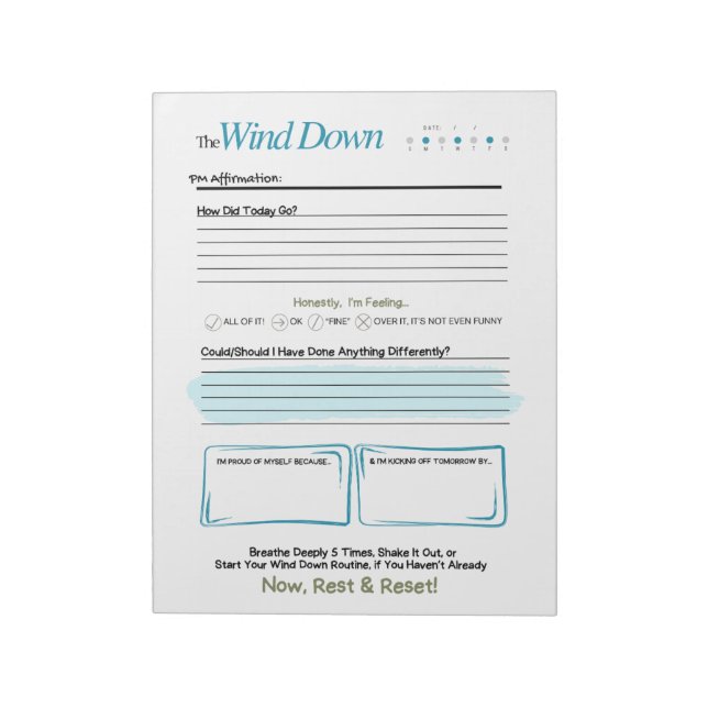 The WIND DOWN – 5-Minute Evening Journal Notepad Anteckningsblock (Roterad)