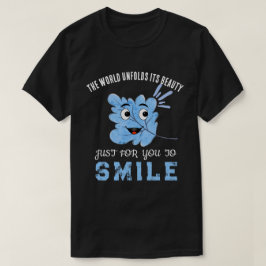 "The World Unfolds Its Beauty" Blue Smiling Leaf  T Shirt