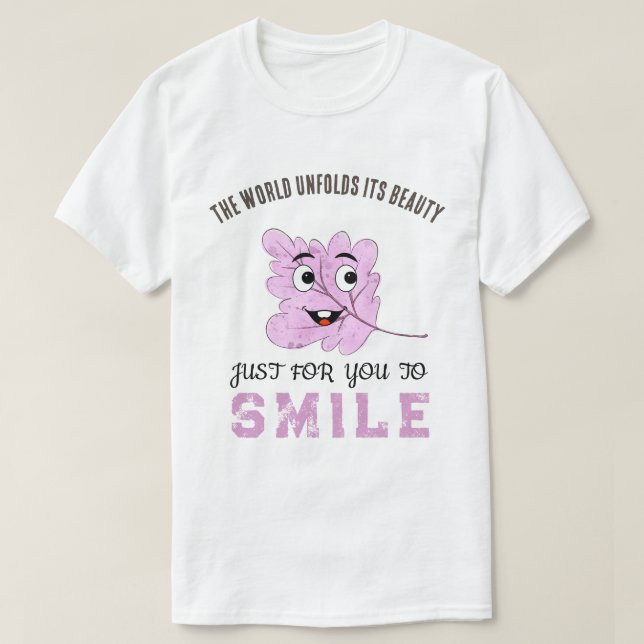 "The World Unfolds Its Beauty" Purple Smiling Leaf T Shirt (Design framsida)