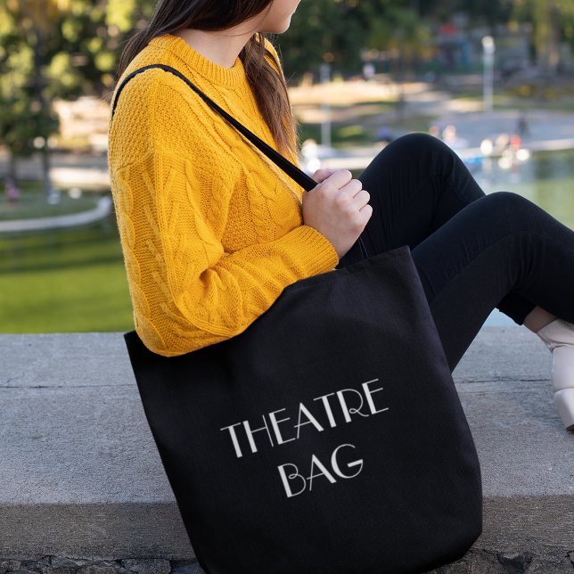 Theater Bag Black Tote Tygkasse (Customize to change background color, text size, style or add more text.)