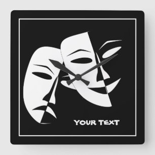 Theatormask Komedi Tragedy Black White-Anpassnings Fyrkantig Klocka