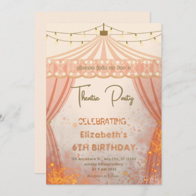 Theatre Marquee Party Invitation – Birthday invite Inbjudningar (Fram/baksida)