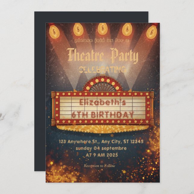 Theatre Marquee Party Invitation – Birthday invite Inbjudningar (Fram/baksida)