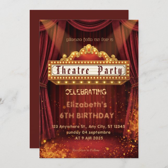 Theatre Marquee Party Invitation – Birthday invite Inbjudningar (Fram/baksida)