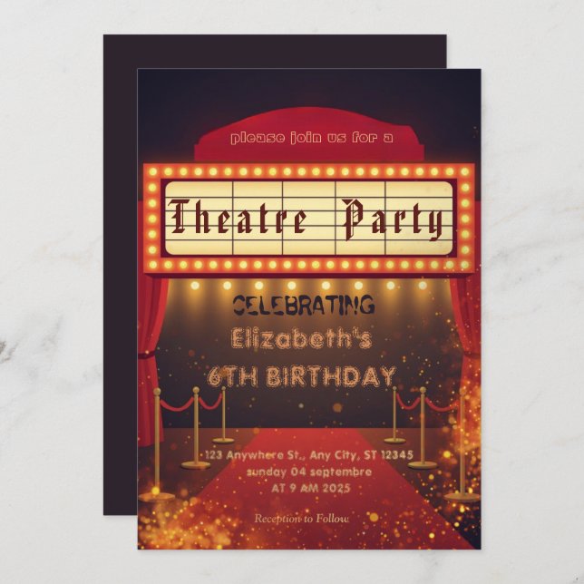 Theatre Marquee Party Invitation – Birthday invite Inbjudningar (Fram/baksida)