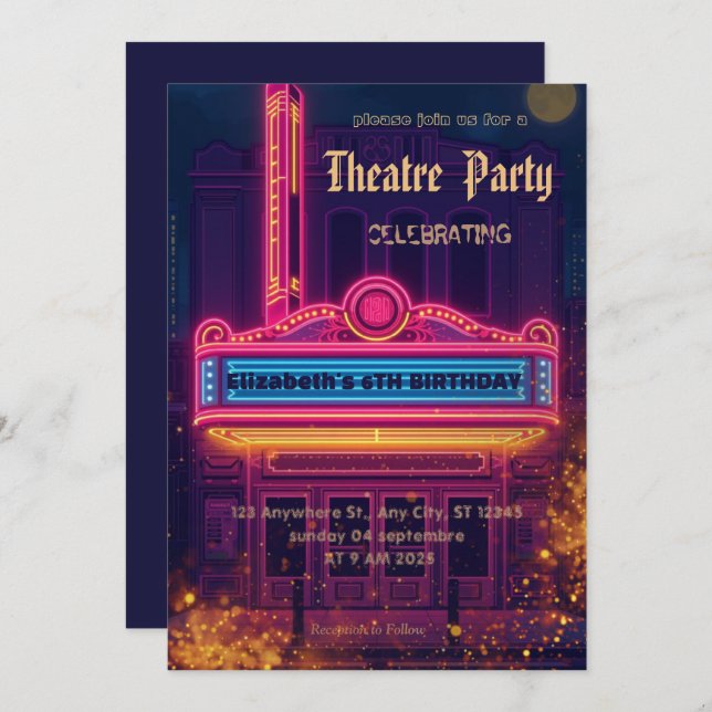 Theatre Marquee Party Invitation – Birthday invite Inbjudningar (Fram/baksida)