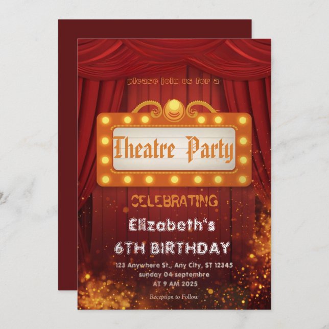 Theatre Marquee Party Invitation – Birthday invite Inbjudningar (Fram/baksida)