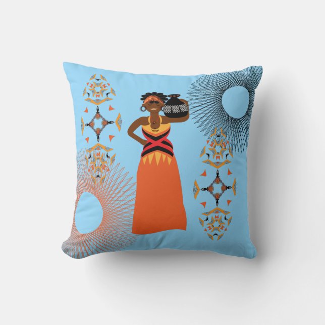 Themed bärande vatten för afrikansk kvinna kudde (Framsida)