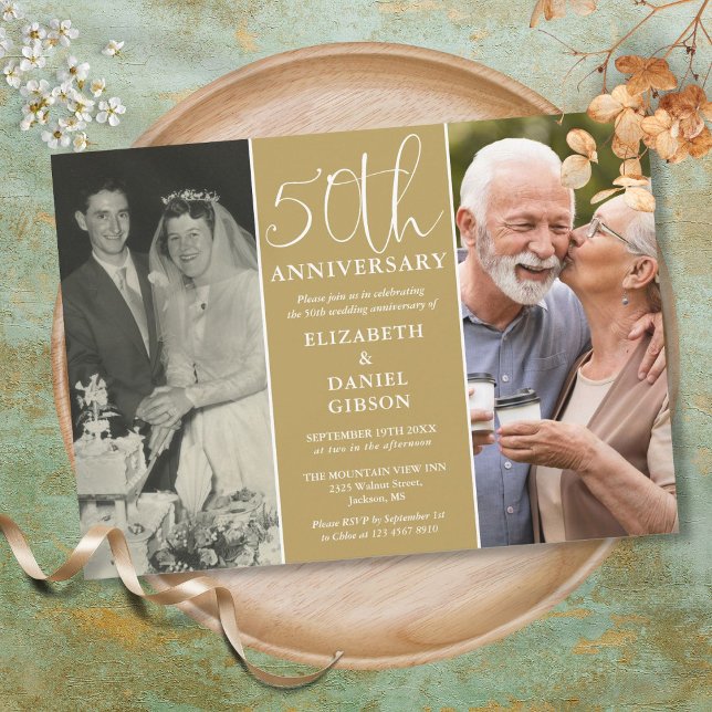 Then And Now 2 Foto 50-års bröllopsjubileum Inbjudningar (Then And Now 2 Photo 50th Wedding Anniversary Invitation)